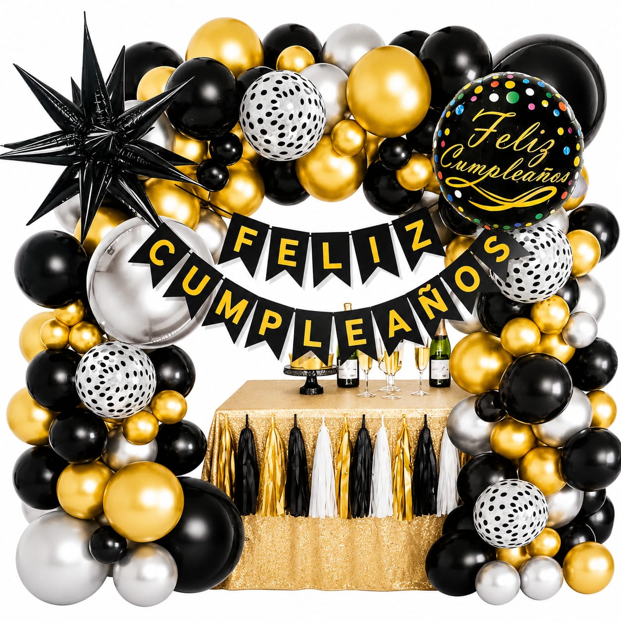 Kit Arco de Globos Feliz Cumpleaños Negro, Dorado & Plateado 59 Piezas